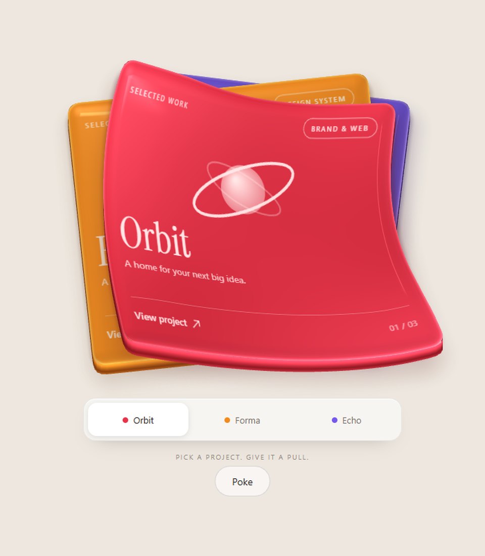 Jelly Stack: a red glossy card bending like jelly, orange and purple cards stacked behind