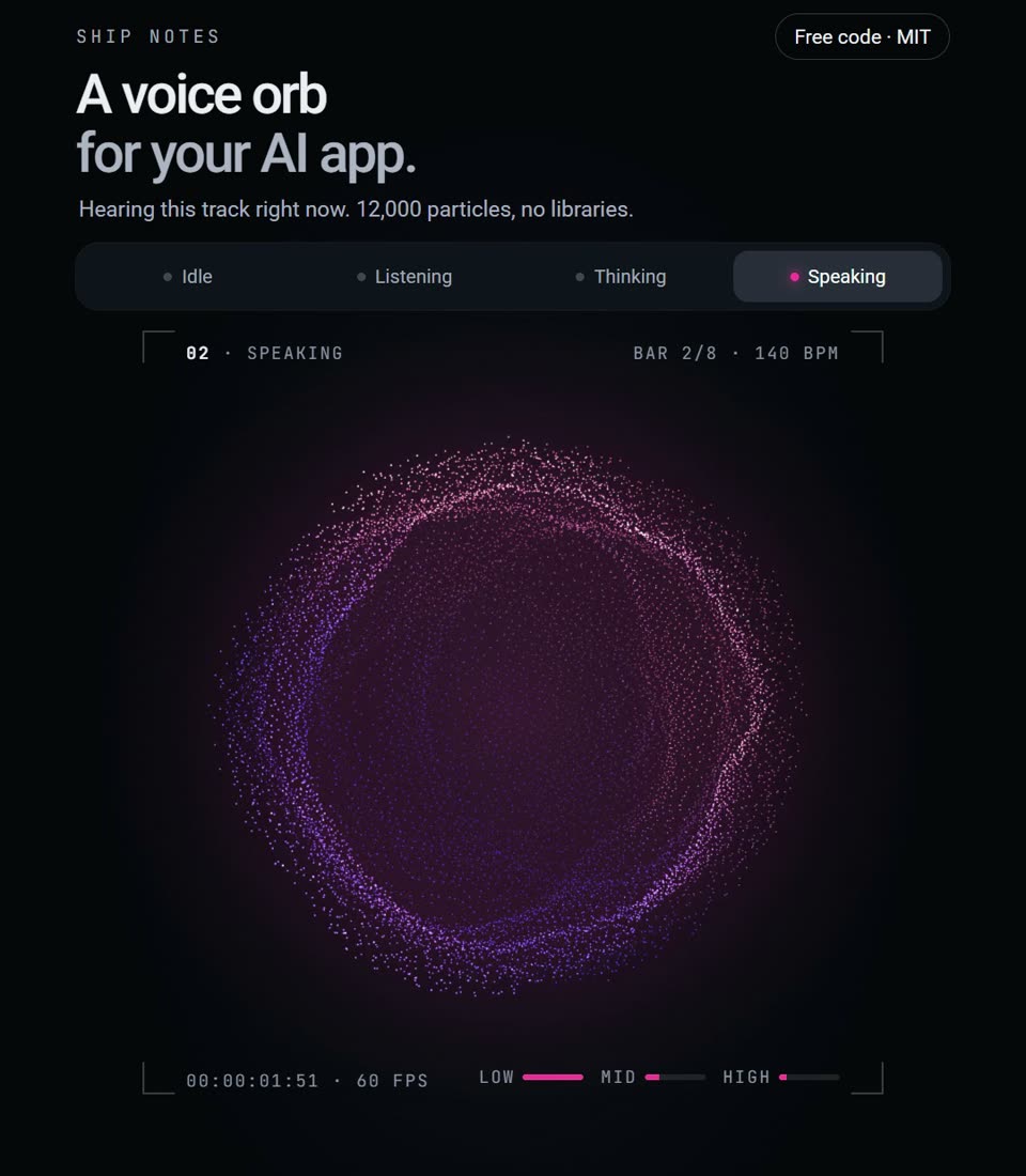 Voice Orb: a pink particle sphere bursting on a bass hit in the speaking state